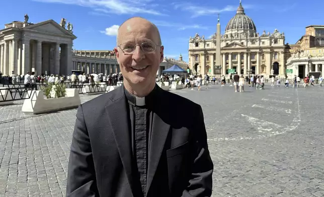 Rev. James Martin, a New York-based Jesuit, poses for a photograph during an interview with The Associated press just outside St. Peter's Square in Rome, Monday, Sept. 1, 2025. (AP Photo/Maria Selene Clemente)