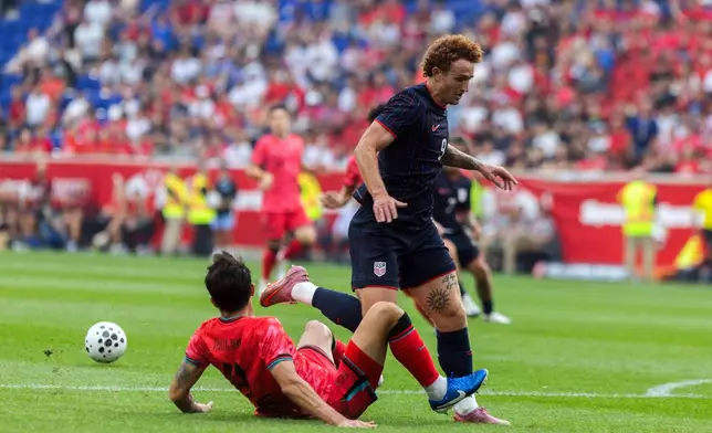 United States' Josh Sargent, right, battles for the ball against South Korea's Kim Min-jae, during an international friendly soccer match, Saturday, Sept. 6, 2025, in Harrison, N.J. (AP Photo/Andres Kudacki)