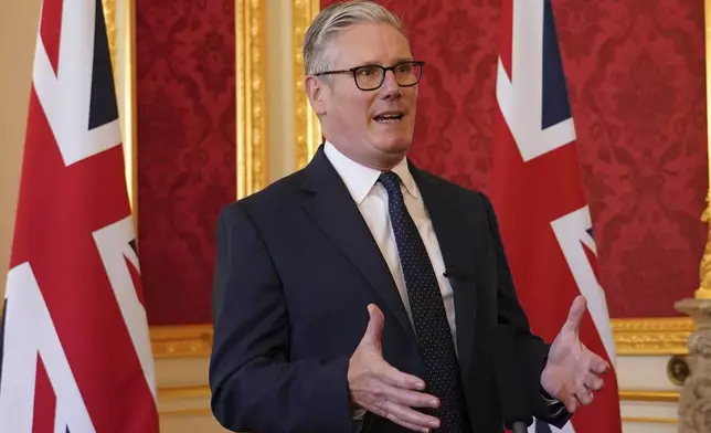 FILE - Britain's Prime Minister Keir Starmer speaks as he hosts representatives of the Civil Nuclear industry at a reception at Lancaster House in London, Monday, Sept. 15, 2025 to mark the announcement of a new UK-US partnership on nuclear.(AP Photo/Alberto Pezzali, Pool, File)