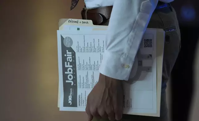 FILE - A person waits in a line for a prospective employer at a job fair, Thursday, Aug. 29, 2024, in Sunrise, Fla. (AP Photo/Lynne Sladky, File)