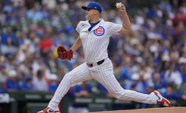 Chicago Cubs starting pitcher Matthew Boyd throws against the Washington Nationals during the first inning of a baseball game Saturday, Sept. 6, 2025, in Chicago. (AP Photo/Erin Hooley)