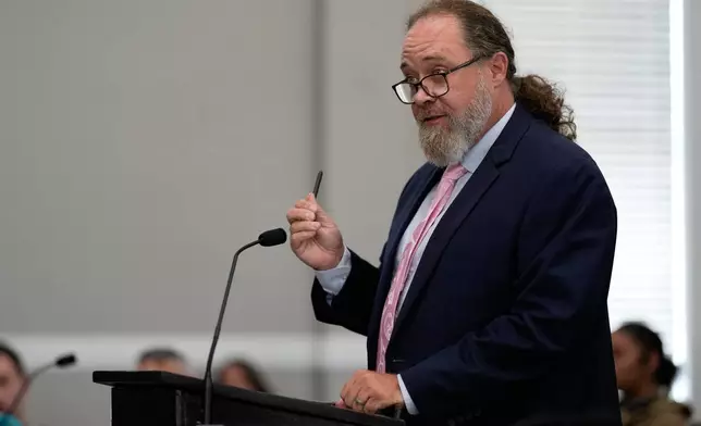 Defense attorney, Bryan Huffman, for Austin Drummond, accused of quadruple murder, speaks in court during a preliminary hearing Thursday, Sept. 4, 2025, in Tiptonville, Tenn. (AP Photo/George Walker IV, Pool)