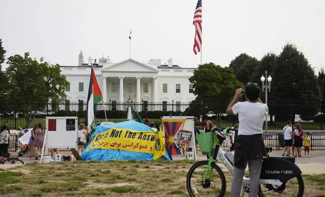 White House Peace Vigil tent is seen in Lafayatte Park across the street from the White House in Washington, Friday, Sept. 5, 2025. (AP Photo/Pablo Martinez Monsivais)
