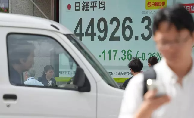 People walk in front of an electronic stock board showing Japan's Nikkei 225 index at a securities firm Tuesday, Sept. 30, 2025, in Tokyo. (AP Photo/Eugene Hoshiko)