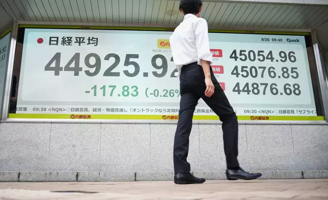 A man looks at an electronic stock board showing Japan's Nikkei 225 index at a securities firm Tuesday, Sept. 30, 2025, in Tokyo. (AP Photo/Eugene Hoshiko)