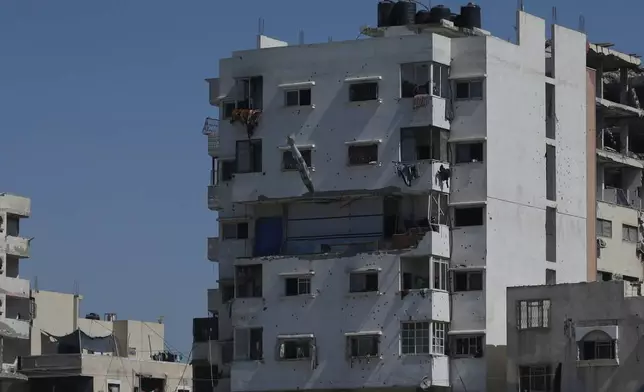A bomb dropped during an Israeli military strike approaches a building in Gaza City, Friday, Sept. 12, 2025. (AP Photo/Yousef Al Zanoun)