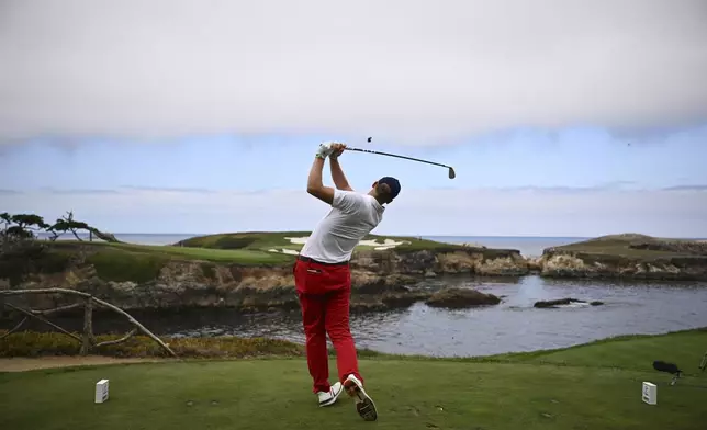 The USA team's Tommy Morrison hits from the 16th tee during Walker Cup golf matches against the Great Britain and Ireland team at Cypress Point Club on Saturday, Sept. 6, 2025, in Pebble Beach, Calif. (AP Photo/Thien-An Truong)