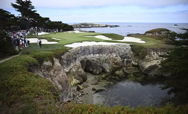 The 15th green is shown as The USA team plays the Great Britain and Ireland team during Walker Cup golf matches at Cypress Point Club on Saturday, Sept. 6, 2025, in Pebble Beach, Calif. (AP Photo/Thien-An Truong)