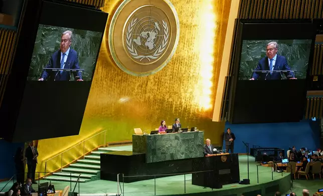 Secretary General Antonio Guterres addresses the 80th session of the United Nations General Assembly, Tuesday, Sept. 23, 2025, at UN headquarters. (AP Photo/Angelina Katsanis)