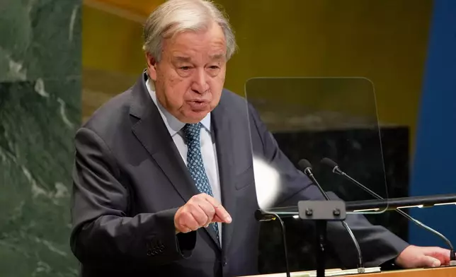 Secretary General Antonio Guterres addresses the 80th session of the United Nations General Assembly, Tuesday, Sept. 23, 2025, at UN headquarters. (AP Photo/Angelina Katsanis)