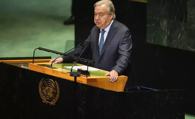 Secretary General Antonio Guterres speaks during the 80th session of the United Nations General Assembly, Tuesday, Sept. 23, 2025, at UN headquarters. (AP Photo/Yuki Iwamura)