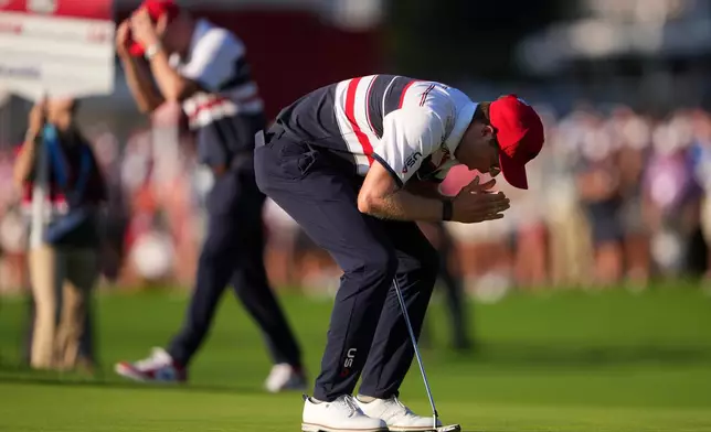 United States' Ben Griffin reacts on the 15th hole during their singles match on the Bethpage Black golf course at the Ryder Cup golf tournament, Sunday, Sept. 28, 2025, in Farmingdale, N.Y. (AP Photo/Lindsey Wasson)
