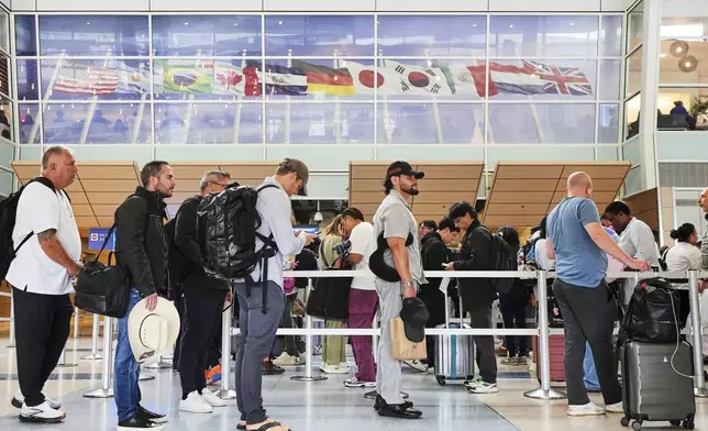Travelers Stand in line at a security checkpoint before boarding their international flights at Dallas Fort Worth International Airport, Friday, Aug. 29, 2025, in DFW Airport, Texas. (AP Photo/Tony Gutierrez)