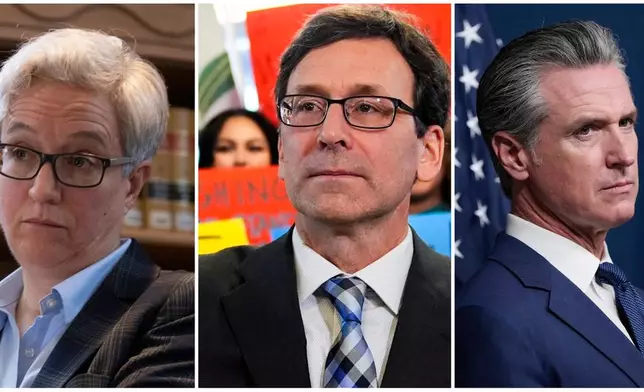 FILE - This photo combination shows, from left, Oregon Gov. Tina Kotek, Jan. 31, 2024, in Salem, Ore., Washington Gov. Bob Ferguson, Jan. 27, 2025, in Seattle and California Gov. Gavin Newsom, Aug. 21, 2025, in Sacramento, Calif. (AP Photo/Jenny Kane, Lindsey Wasson, Godofredo A. Vásquez)