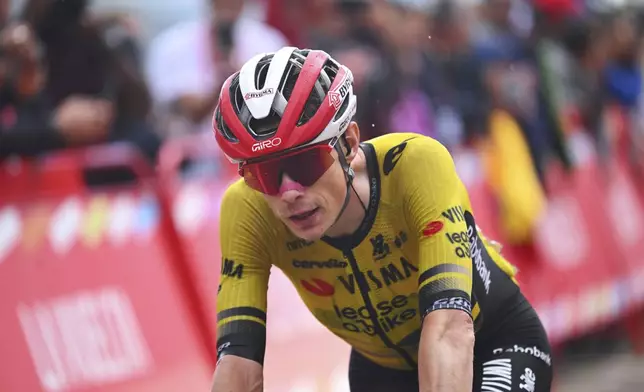 Danish rider Jonas Vingegaard, from Visma | Lease a Bike team wins the ninth stage of La Vuelta from Alfaro to Valdezcaray, Spain, Sunday, Aug. 31, 2025. (AP Photo/Miguel Oses)