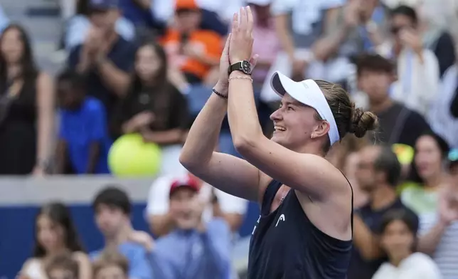 Barbora Krejcikova, of the Czech Republic, reacts after defeating Taylor Townsend, of the United States, during the fourth round of the U.S. Open tennis championships, Sunday, Aug. 31, 2025, in New York. (AP Photo/Pamela Smith)