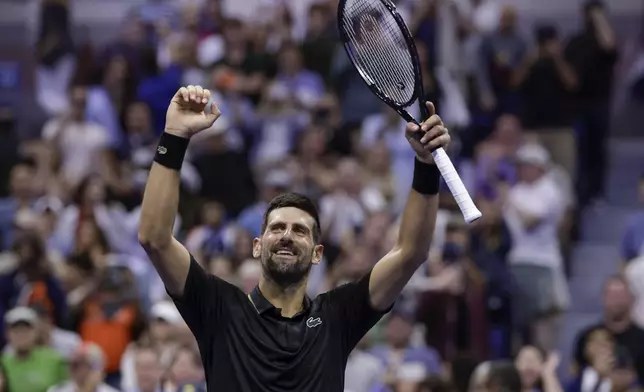 Novak Djokovic, of Serbia, reacts after defeating Jan-Lennard Struff, of Germany, during the fourth round of the US Open tennis championships, Sunday, Aug. 31, 2025, in New York. (AP Photo/Adam Hunger)