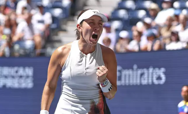 Jessica Pegula, of the United States, reacts after defeating Ann Li, of the United States, during the fourth round of the U.S. Open tennis championships, Sunday, Aug. 31, 2025, in New York. (AP Photo/Heather Khalifa)