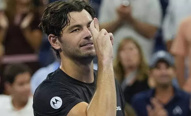 Taylor Fritz, of the United States, reacts after defeating Tomas Machac, of the Czech Republic, during the fourth round of the U.S. Open tennis championships, Sunday, Aug. 31, 2025, in New York. (AP Photo/Pamela Smith)