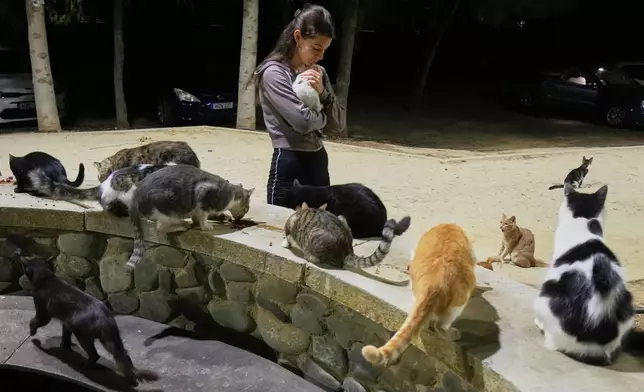 A woman holds a cat at a park in Strovolos area of capital Nicosia, Cyprus, Oct. 6 2025. (AP Photo/Petros Karadjias)