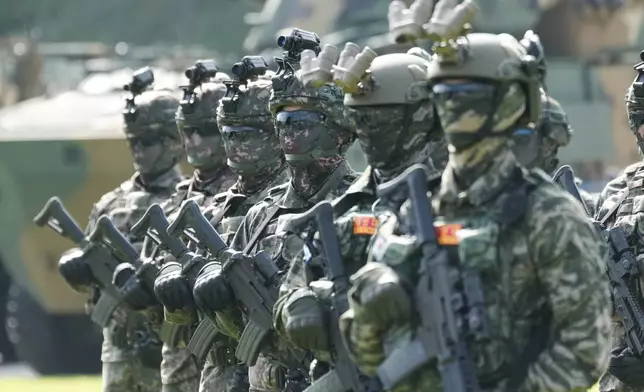South Korean soldiers stand during the media day for the 77th anniversary of Armed Forces Day at the Gyeryong military headquarters in Gyeryong, South Korea, Monday, Sept. 29, 2025. (AP Photo/Lee Jin-man)