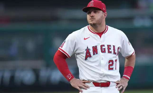 FILE - Los Angeles Angels' Mike Trout stands on the field before a baseball game against the Houston Astros, Sept. 27, 2025, in Anaheim, Calif. (AP Photo/Jae C. Hong, File)
