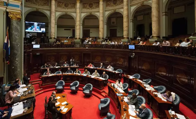Sen. Ope Pasquet speaks on a bill to legalize euthanasia, which was approved by the lower house, in Montevideo, Uruguay, Wednesday, Oct. 15, 2025. (AP Photo/Matilde Campodonico)