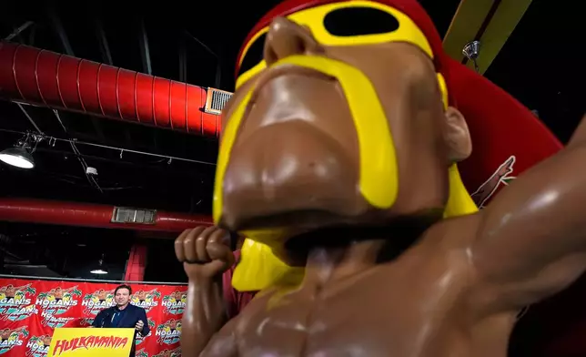 Florida Gov. Ron DeSantis, lower left, speaks near a statue of Hulk Hogan after naming a trail in honor of the wrestling legend during a news conference Friday, Oct. 3, 2025, in Clearwater, Fla. (AP Photo/Chris O'Meara)
