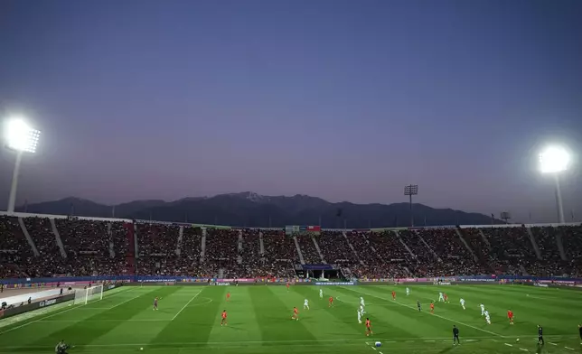 Argentina and Morocco play the FIFA U-20 World Cup final soccer match in Santiago, Chile, Sunday, Oct. 19, 2025. (AP Photo/Gustavo Garello)