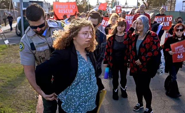 Animal welfare activist Zoe Rosenberg is arrested on a warrant by Sonoma County sheriff's deputy Joel Auerbach after a rally and subsequent march in response to the sentencing of fellow activist Wayne Hsiung at Sonoma County Superior Court in Santa Rosa, Nov. 30, 2023. (Chad Surmick/The Press Democrat via AP)