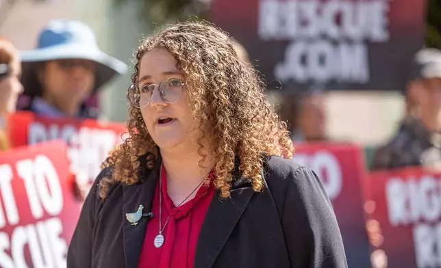 Animal rights activist Zoe Rosenberg talks to reporters outside the Sonoma County Superior Courthouse before her preliminary hearing May 3, 2024, in Santa Rosa, Calif. (Chad Surmick/The Press Democrat via AP)