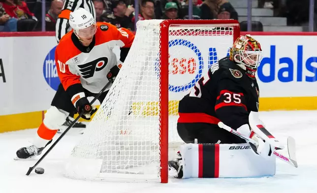 Philadelphia Flyers' Bobby Brink (10) attempts to wrap the puck around the net on Ottawa Senators goaltender Linus Ullmark (35) during first period NHL hockey action in Ottawa on Thursday, Oct. 23, 2025. (Sean Kilpatrick/The Canadian Press via AP)