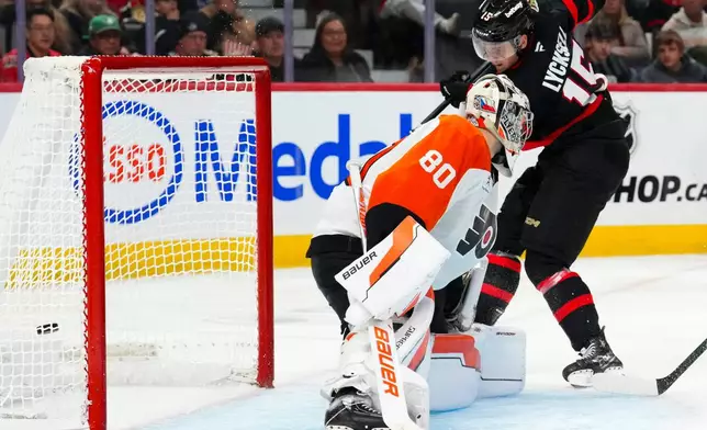 Ottawa Senators' Olle Lycksell (15) scores on Philadelphia Flyers goaltender Dan Vladar (80) during second period NHL hockey action in Ottawa on Thursday, Oct. 23, 2025. (Sean Kilpatrick/The Canadian Press via AP)