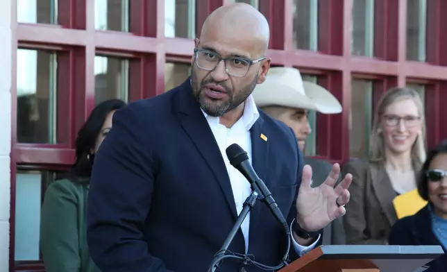 New Mexico House Speaker Javier Martinez talks about state efforts to temporarily backfill SNAP benefits during a news conference outside a grocery store in Albuquerque, New Mexico, on Wednesday, Oct. 29, 2025. (AP Photo/Susan Montoya Bryan)