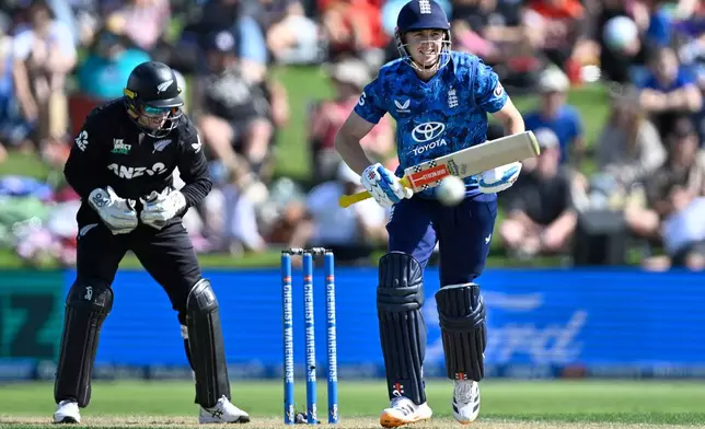 England's Harry Brook bats during the One Day international cricket match between New Zealand and England in Mt Maunganui, New Zealand, Sunday, Oct.26, 2025. (Andrew Cornaga/Photosport via AP)