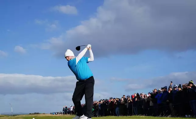 Scottish Robert MacIntyre on the 4th tee during day four of the 2025 Alfred Dunhill Links Championship at the Old Course, St Andrews, Scotland, Sunday, Oct. 5, 2025. (Jane Barlow/PA via AP)