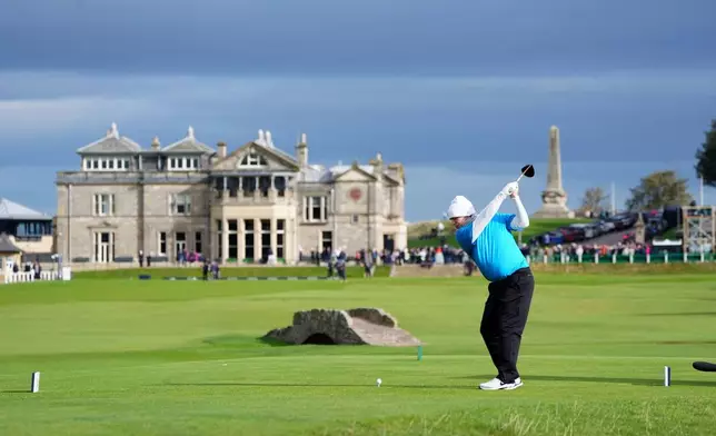 Scotland's Robert MacIntyre on the 18th tee during day four of the 2025 Alfred Dunhill Links Championship at the Old Course, St Andrews, Scotland, Sunday, Oct. 5, 2025. (Jane Barlow/PA via AP)