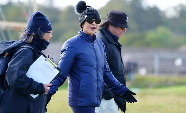 Catherine Zeta-Jones walks off the 4th tee during day four of the 2025 Alfred Dunhill Links Championship at the Old Course, St Andrews, Scotland, Sunday, Oct. 5, 2025. (Jane Barlow/PA via AP)