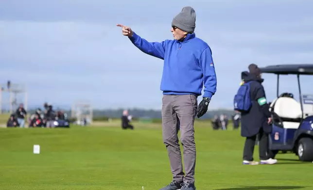 Michael Douglas on the 16th tee during day four of the 2025 Alfred Dunhill Links Championship at the Old Course, St Andrews, Scotland, Sunday, Oct. 5, 2025. (Jane Barlow/PA via AP)