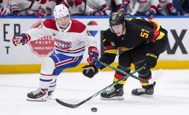 Montreal Canadiens' Cole Caufield (13) and Vancouver Canucks' Tyler Myers (57) vie for the puck during the second period of an NHL hockey game in Vancouver, on Saturday, Oct. 25, 2025. (Darryl Dyck/The Canadian Press via AP)