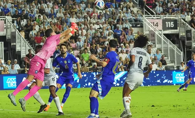 Puerto Rico goaltender Sebastian Cutler punches the ball during the first half of a friendly soccer match against Argentina, Tuesday, Oct. 14, 2025, in Fort Lauderdale, Fla. (AP Photo/Marta Lavandier)
