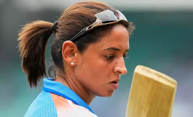 India's captain Harmanpreet Kaur trains ahead of the ICC Women's Cricket World Cup match between India and South Africa at ACA-VDCA Cricket Stadium in Visakhapatnam, India, Thursday, Oct. 9, 2025. (AP Photo/Aijaz Rahi)
