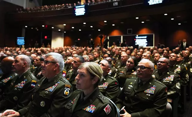 U.S. military senior leadership listen as President Donald Trump speaks at Marine Corps Base Quantico, Tuesday, Sept. 30, 2025 in Quantico, Va. (Andrew Harnik/Pool via AP)