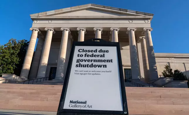 FILE - A sign that reads "Closed due to federal government shutdown," is seen outside of the National Gallery of Art in Washington, Oct. 6, 2025. (AP Photo/Jose Luis Magana, File)