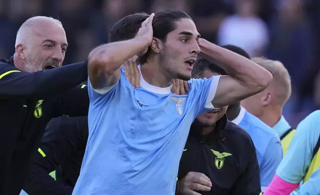 Lazio's Matteo Cancellieri celebrates scoring his side's second goal during a Serie A soccer match between Lazio and Torino at the Rome's Olympic stadium, Saturday, Oct. 4, 2025. (Alfredo Falcone/LaPresse via AP)