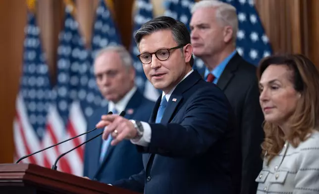 Speaker of the House Mike Johnson, R-La., and the House GOP leadership deliver the Republican message on the government shutdown, now in its ninth day, during a news conference at the Capitol in Washington, Thursday, Oct. 9, 2025. (AP Photo/J. Scott Applewhite)