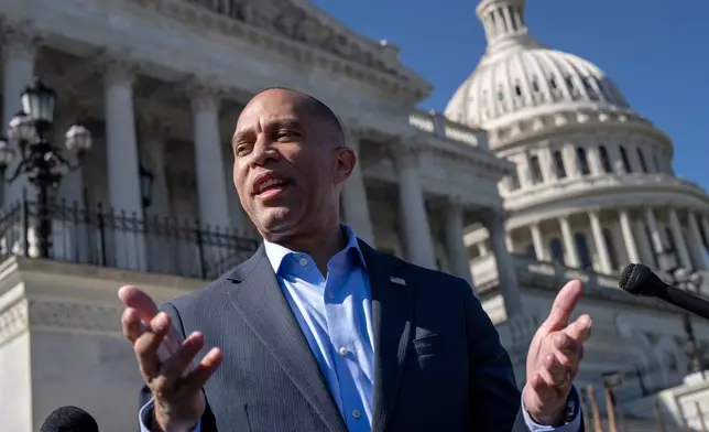 House Minority Leader Hakeem Jeffries, D-N.Y., holds a news conference on the steps of the Capitol in Washington, on the ninth day of the government shutdown, Thursday, Oct. 9, 2025. (AP Photo/J. Scott Applewhite)