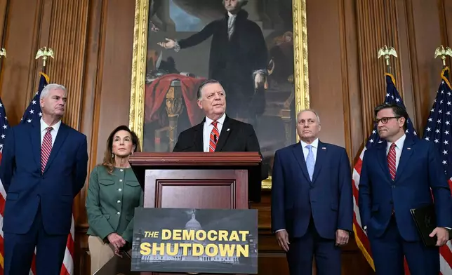 From left, House Majority Whip Tom Emmer, R-Minn., Chair of the House Republican Conference, Lisa McClain, R-Mich., House Committee on Appropriations Chairman Tom Cole, R-Okla., House Majority Leader Steve Scalise, R-La., and Speaker of the House Mike Johnson, R-La., during a press conference on the 8th day of the government shutdown at the U.S. Capitol on Wednesday, Oct. 8, 2025, in Washington. (AP Photo/John McDonnell)