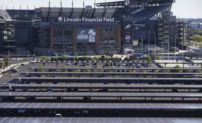 Solar panels are visible outside of Lincoln Financial Field on Monday, Sept. 8, 2025, in Philadelphia. (AP Photo/Matt Slocum)