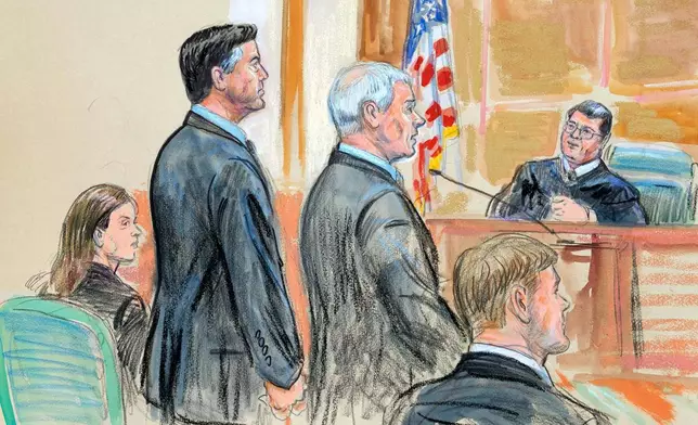 This courtroom sketch depicts former FBI Director James Comey, second from left, and his attorneys Jessica Carmichael, seated left, and Patrick J. Fitzgerald, standing right, during his arraignment at the federal courthouse in Alexandria, Va., Wednesday, Oct. 8, 2025. Assistant U.S. Attorney Tyler Lemons, is seated right. (Dana Verkouteren via AP)